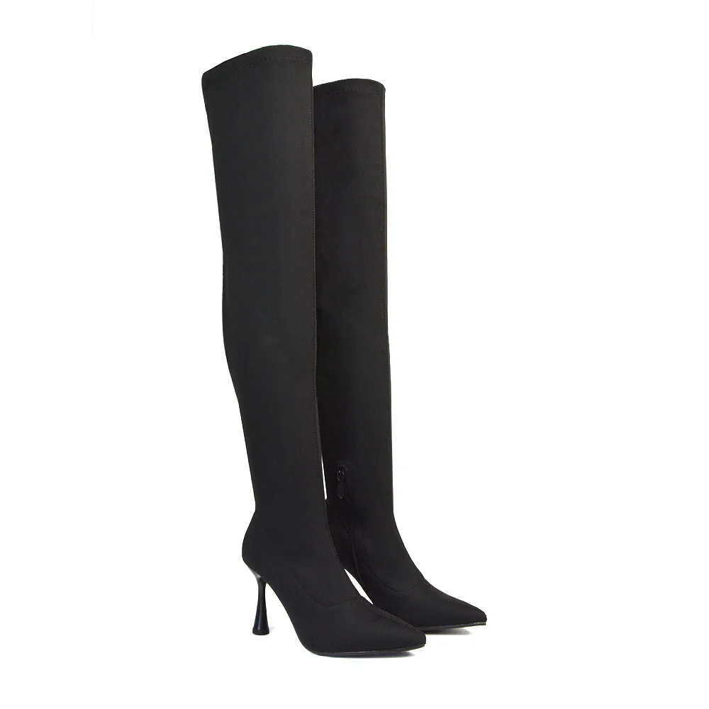 Paige Over The Knee Stiletto High Heel Stretchy Boots in Black - Image 3