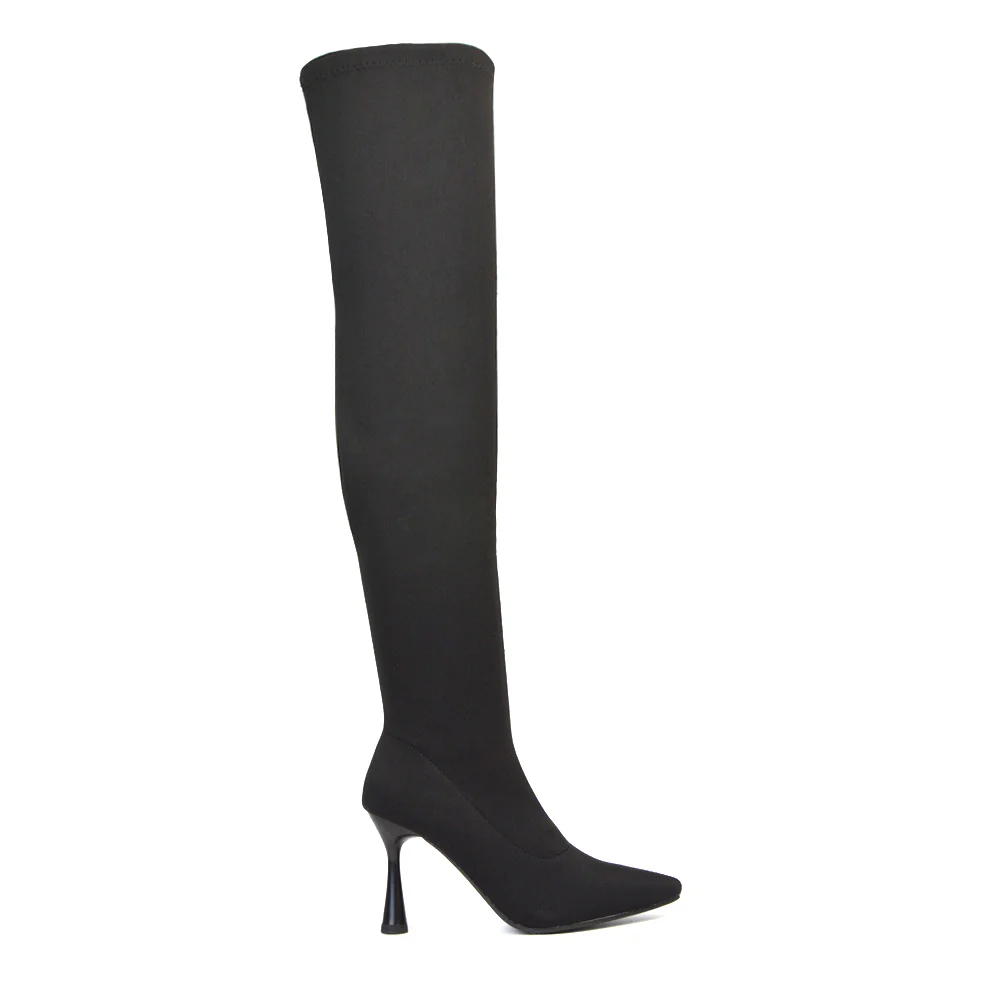 Paige Over The Knee Stiletto High Heel Stretchy Boots in Black - Image 6