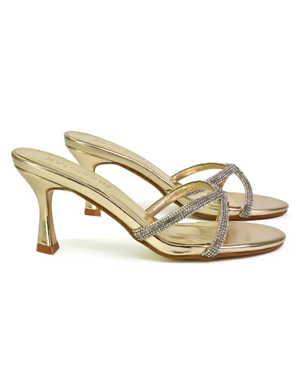 Paxton Diamante Strappy Mid High Heel Party Stiletto Mule Sandals In Gold - Image 3