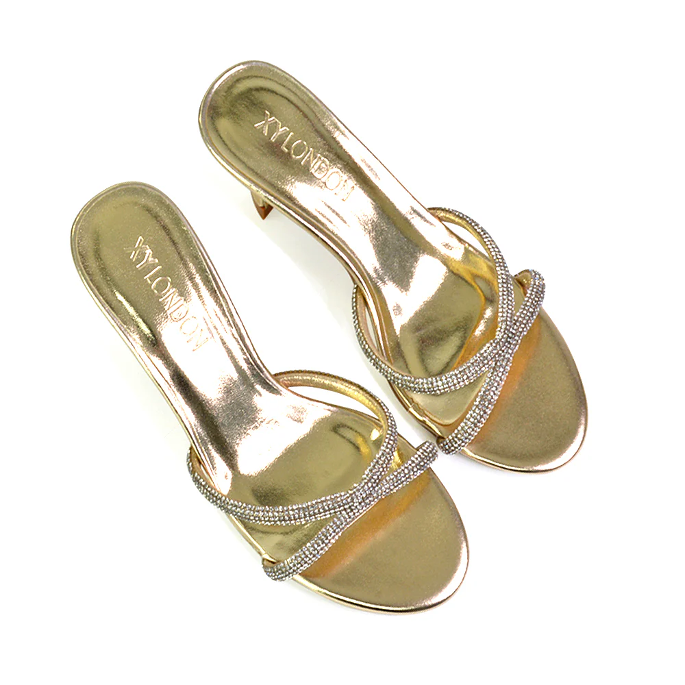 Paxton Diamante Strappy Mid High Heel Party Stiletto Mule Sandals In Gold - Image 38