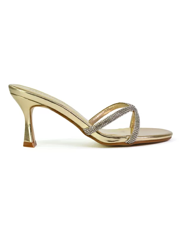 Paxton Diamante Strappy Mid High Heel Party Stiletto Mule Sandals In Gold - Image 4