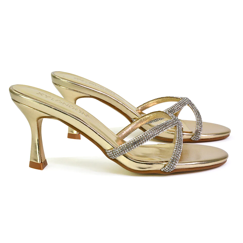 Paxton Diamante Strappy Mid High Heel Party Stiletto Mule Sandals In Gold - Image 45
