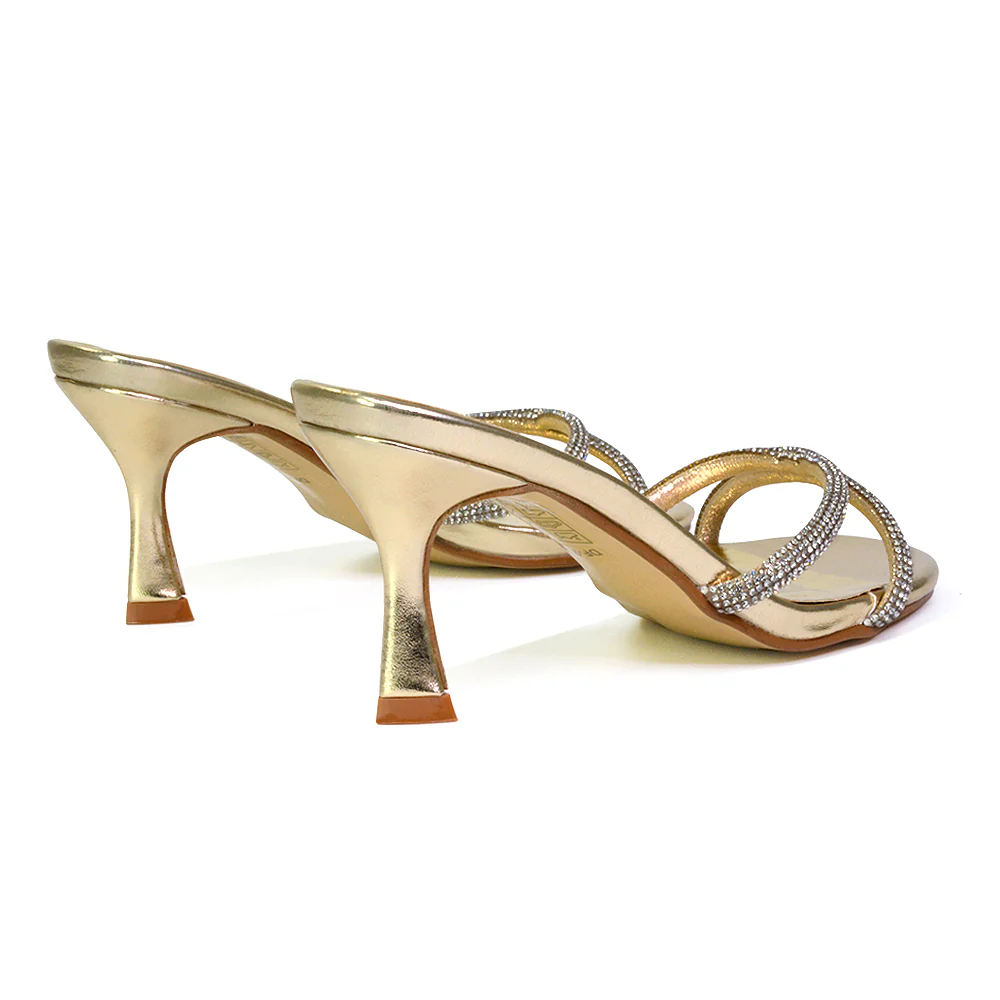 Paxton Diamante Strappy Mid High Heel Party Stiletto Mule Sandals In Gold - Image 46