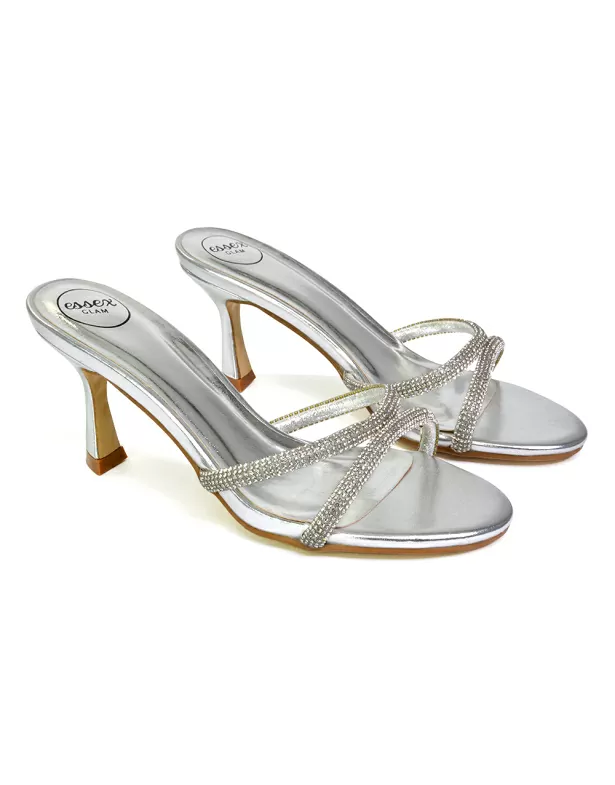 Paxton Diamante Strappy Mid High Heel Party Stiletto Mule Sandals In Gold - Image 5