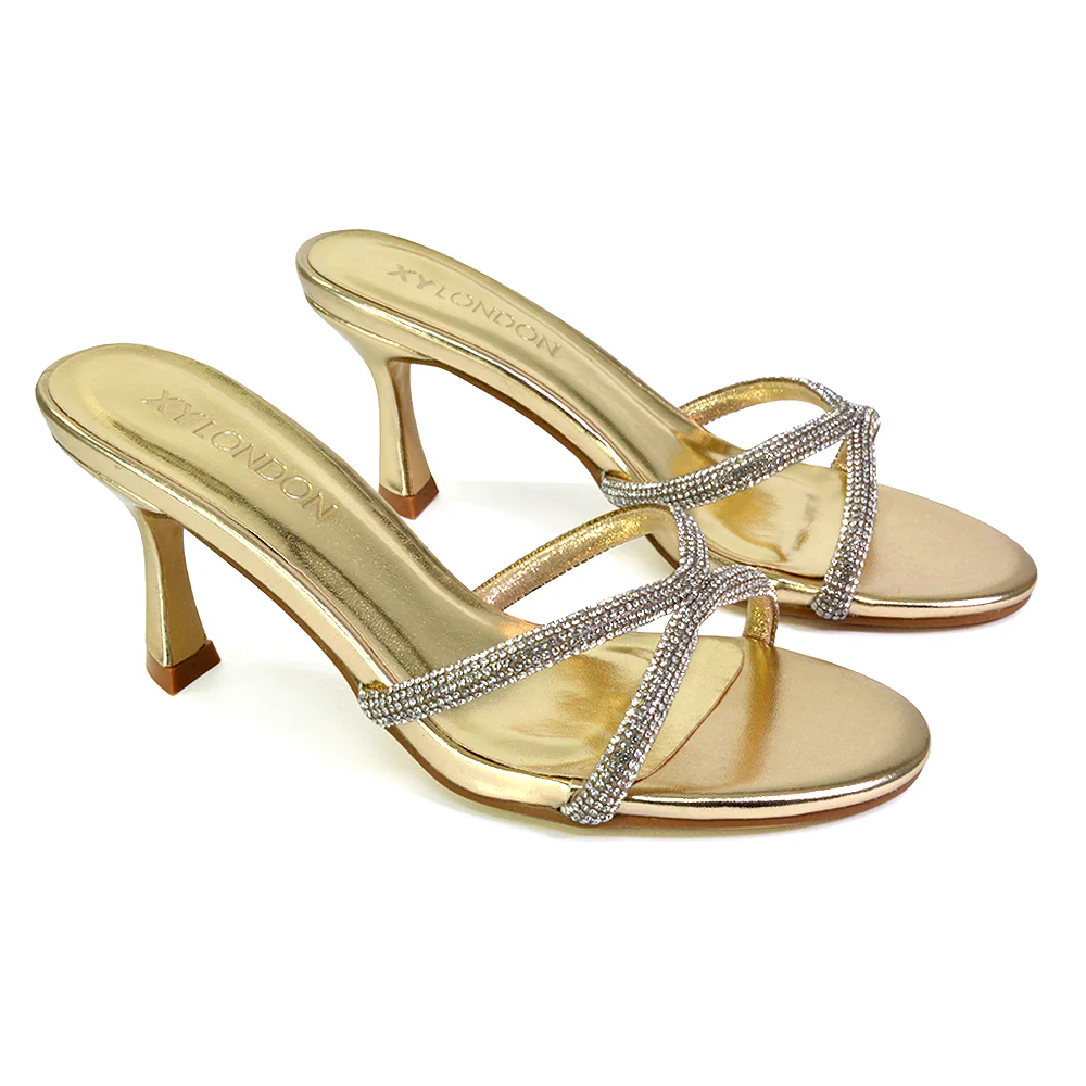 Paxton Diamante Strappy Mid High Heel Party Stiletto Mule Sandals In Gold - Image 62