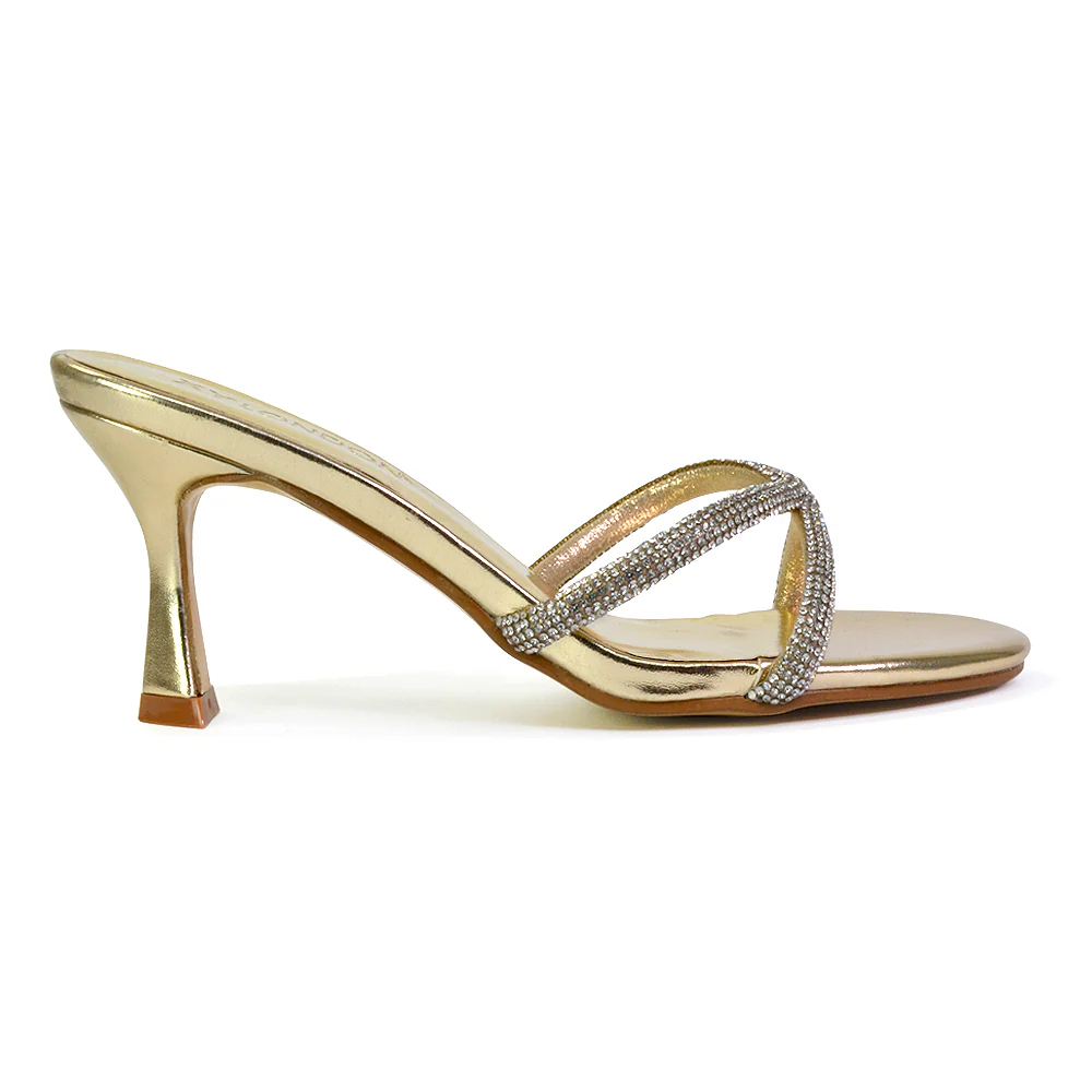 Paxton Diamante Strappy Mid High Heel Party Stiletto Mule Sandals In Gold - Image 64