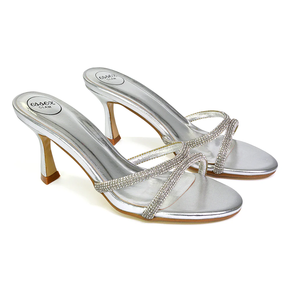 Paxton Diamante Strappy Mid High Heel Party Stiletto Mule Sandals In Gold - Image 8