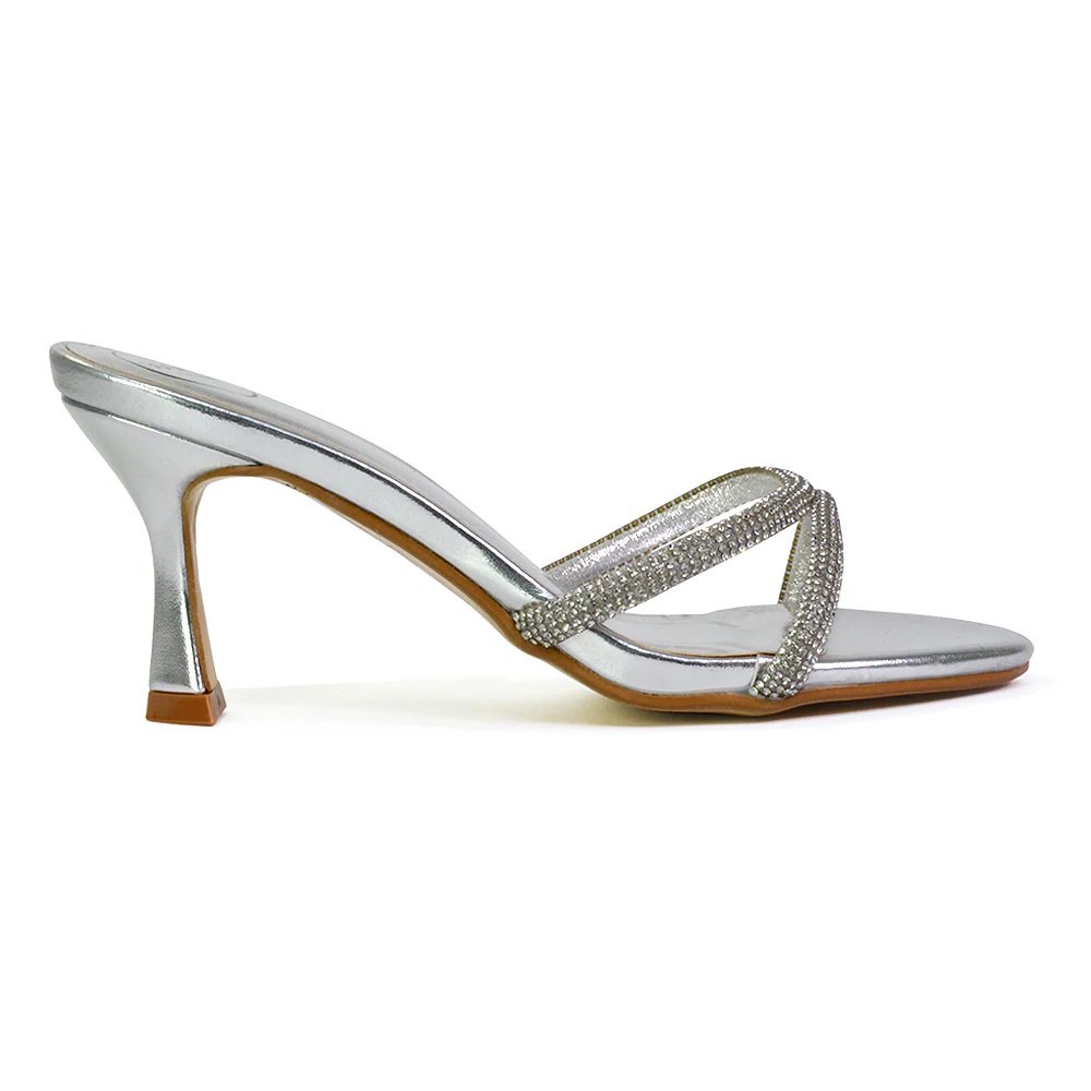 Paxton Diamante Strappy Mid High Heel Party Stiletto Mule Sandals In Silver - Image 30