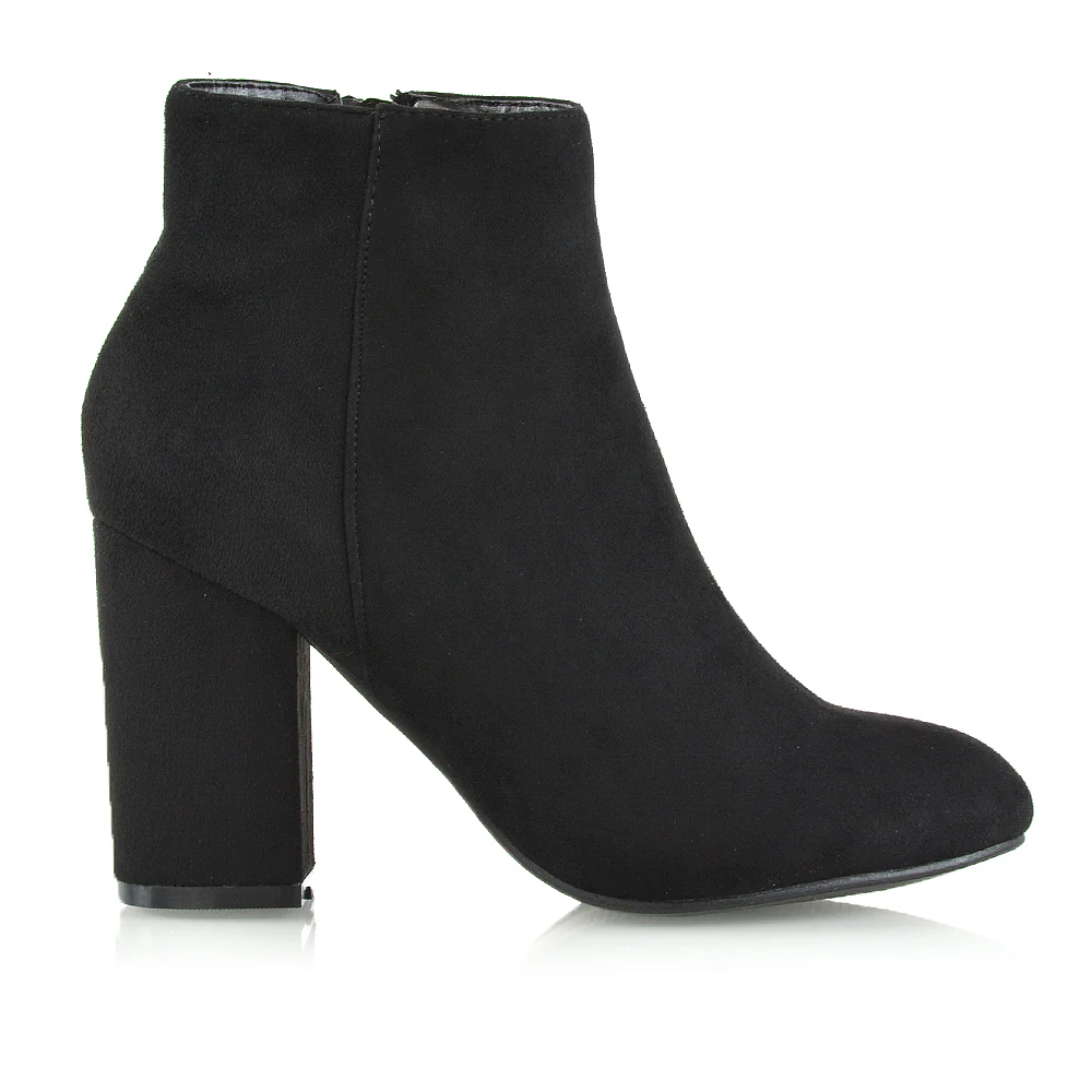 PEACHES CHUNKY BLOCK HIGH HEEL ZIP UP ANKLE WINTER BOOTS IN BLACK FAUX SUEDE - Image 13