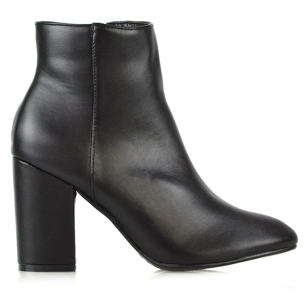 PEACHES CHUNKY BLOCK HIGH HEEL ZIP UP ANKLE WINTER BOOTS IN BLACK SYNTHETIC LEATHER - Image 15
