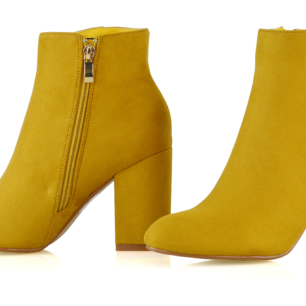 PEACHES CHUNKY BLOCK HIGH HEEL ZIP UP ANKLE WINTER BOOTS IN MUSTARD - Image 20