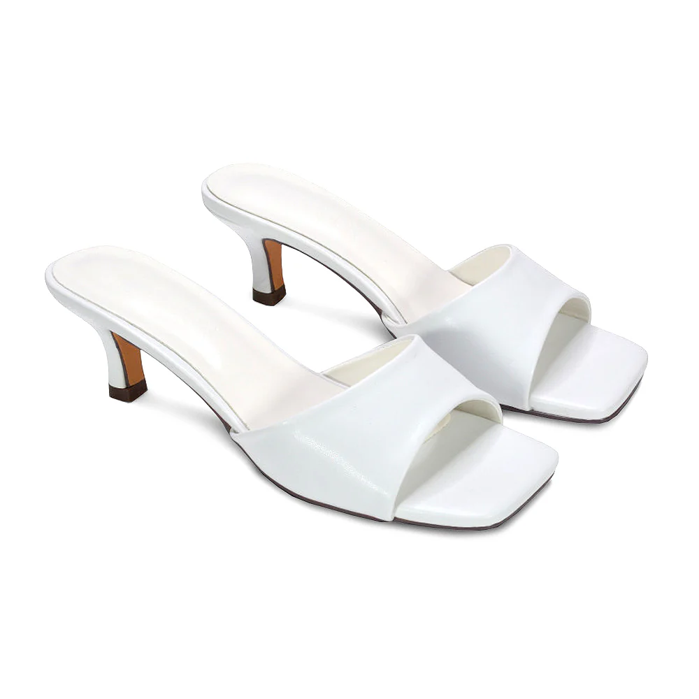 Pearl Square Toe Stiletto Kitten Heel Mule Sandals in White Synthetic Leather - Image 4
