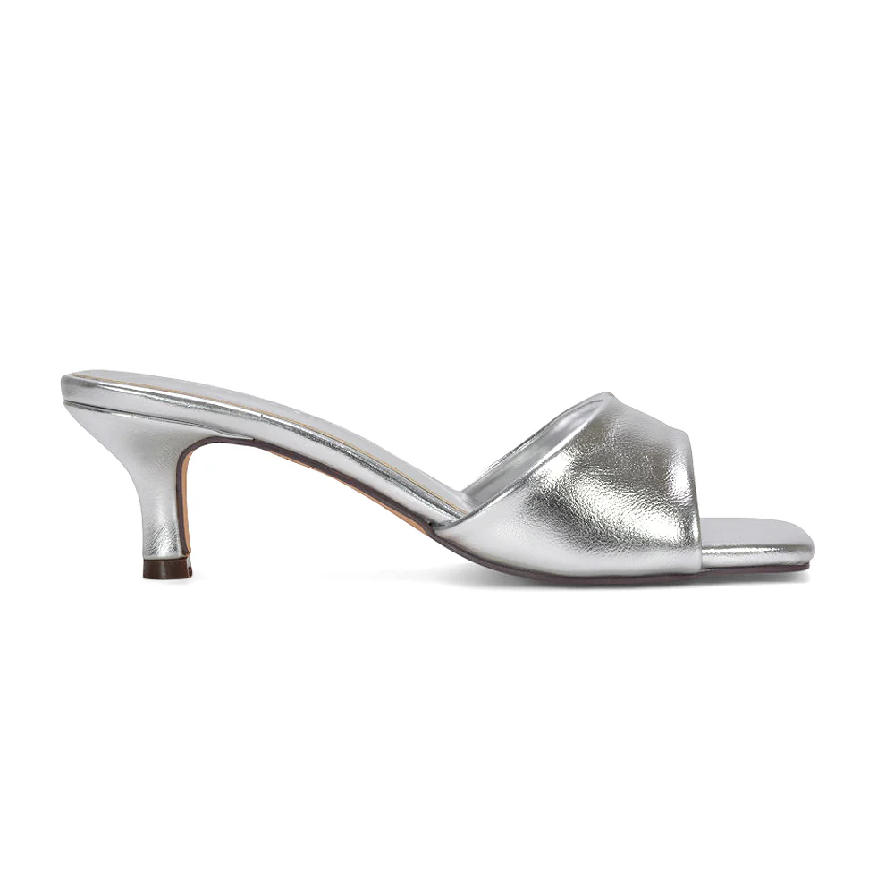 Pearl Square Toe Stiletto Kitten Heel Mule Sandals in White Synthetic Leather - Image 10