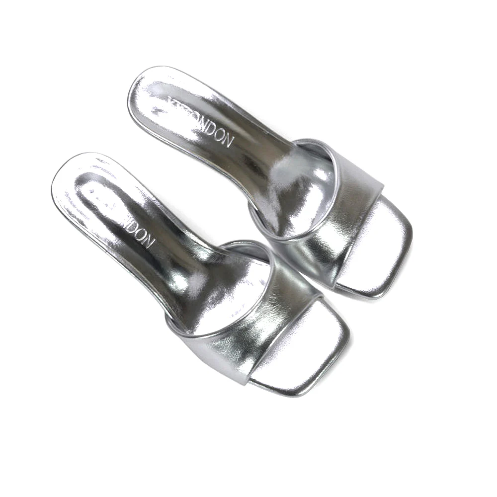 Pearl Square Toe Stiletto Kitten Heel Mule Sandals in White Synthetic Leather - Image 11