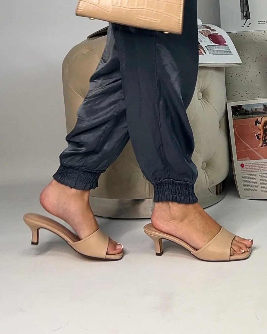 Pearl Square Toe Stiletto Kitten Heel Mule Sandals in Nude Synthetic Leather - Image 2
