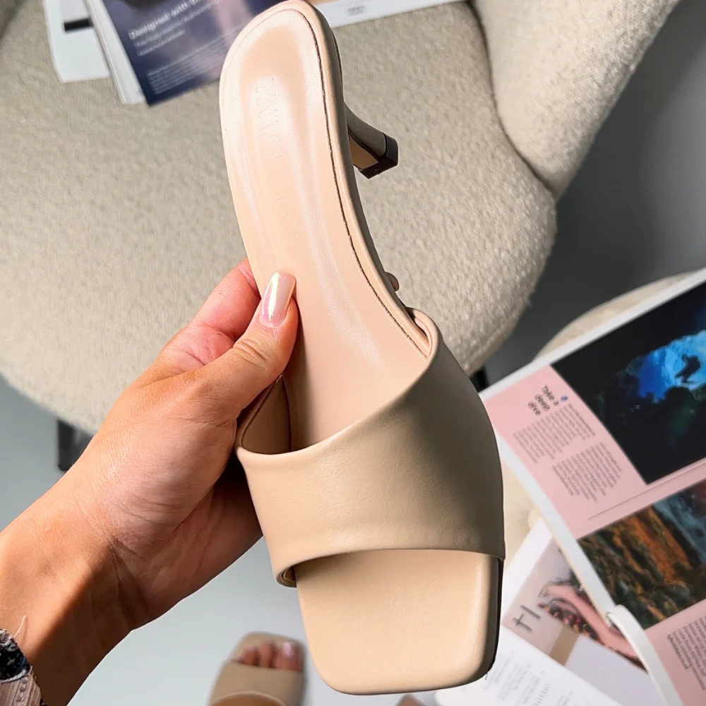 Pearl Square Toe Stiletto Kitten Heel Mule Sandals in Nude Synthetic Leather - Image 3
