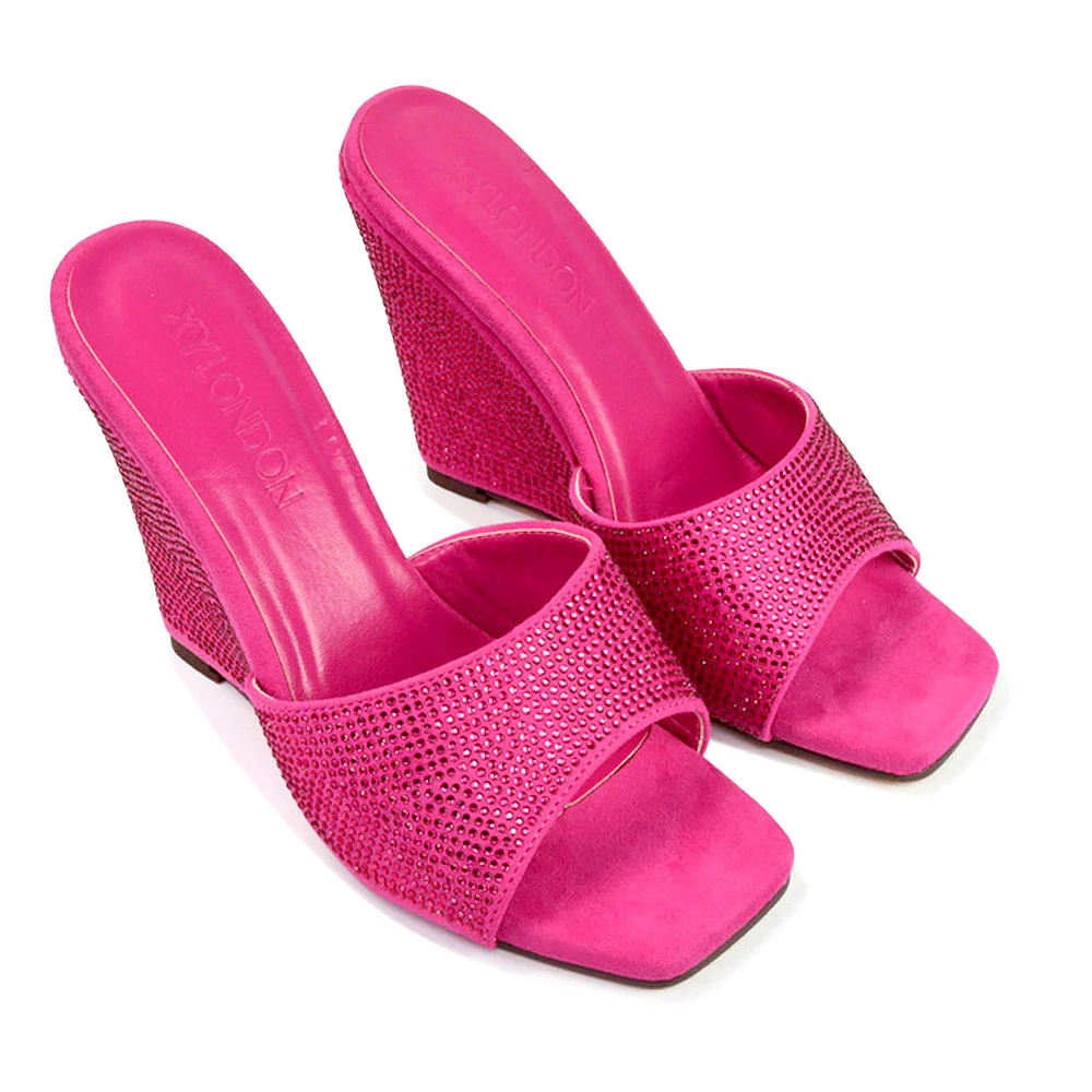 Peggie Diamante Faux Suede Square Toe Wedge Heel Sandal Mules in Fuchsia - Image 70