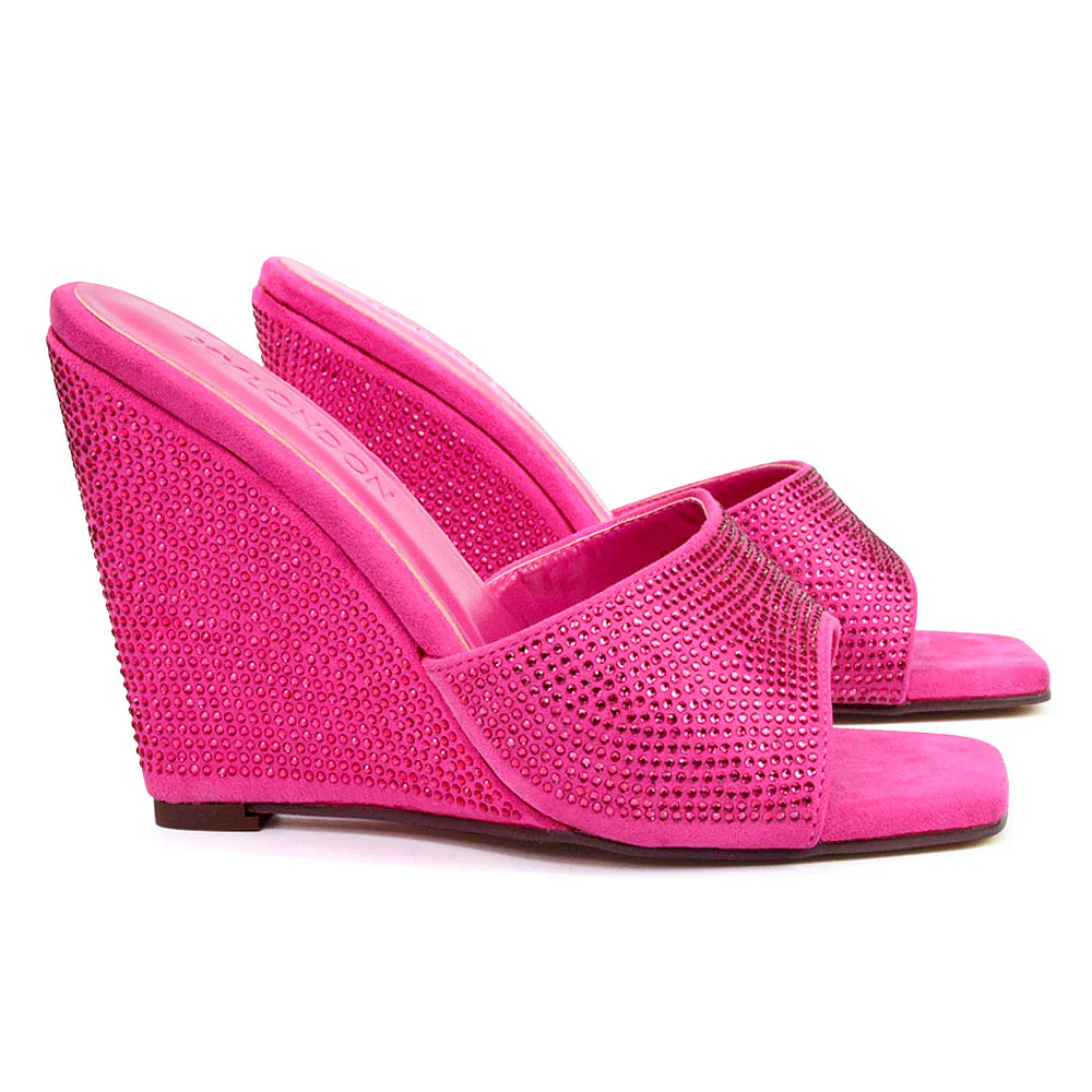 Peggie Diamante Faux Suede Square Toe Wedge Heel Sandal Mules in Fuchsia - Image 71