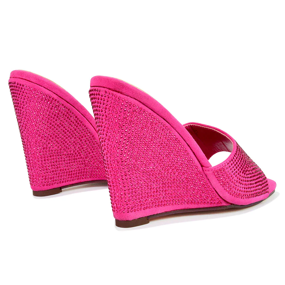 Peggie Diamante Faux Suede Square Toe Wedge Heel Sandal Mules in Fuchsia - Image 87