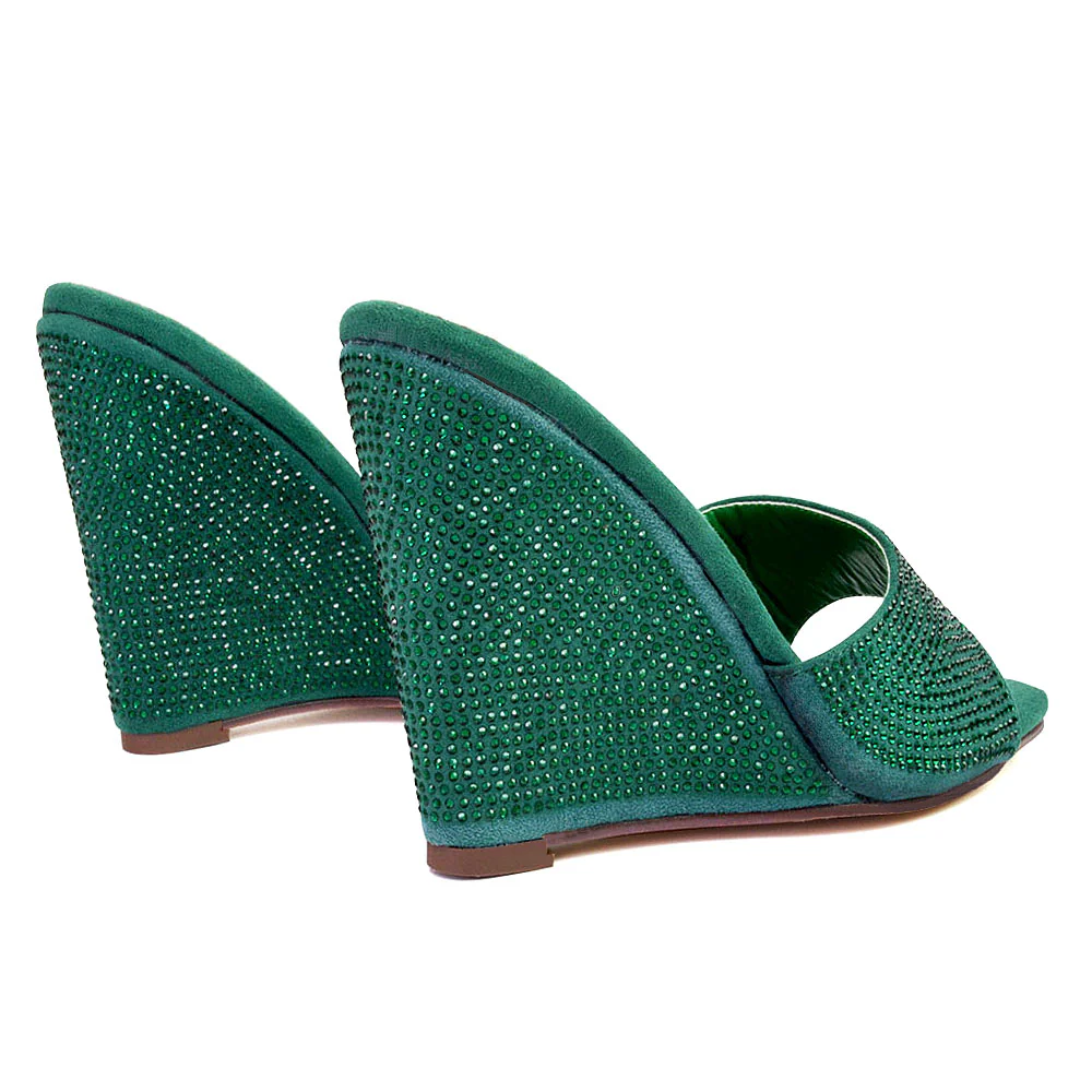 Peggie Diamante Faux Suede Square Toe Wedge Heel Sandal Mules in Green - Image 2