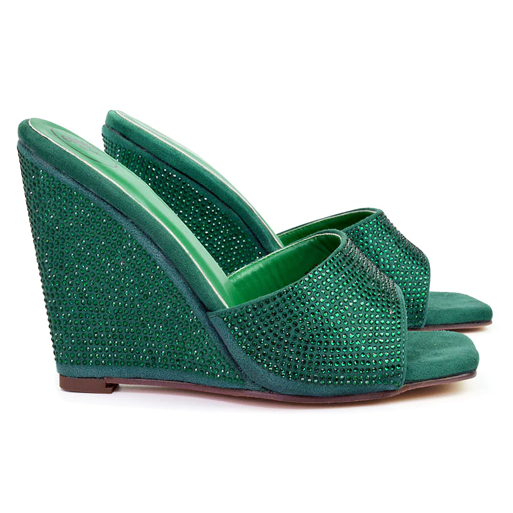 Peggie Diamante Faux Suede Square Toe Wedge Heel Sandal Mules in Green - Image 36