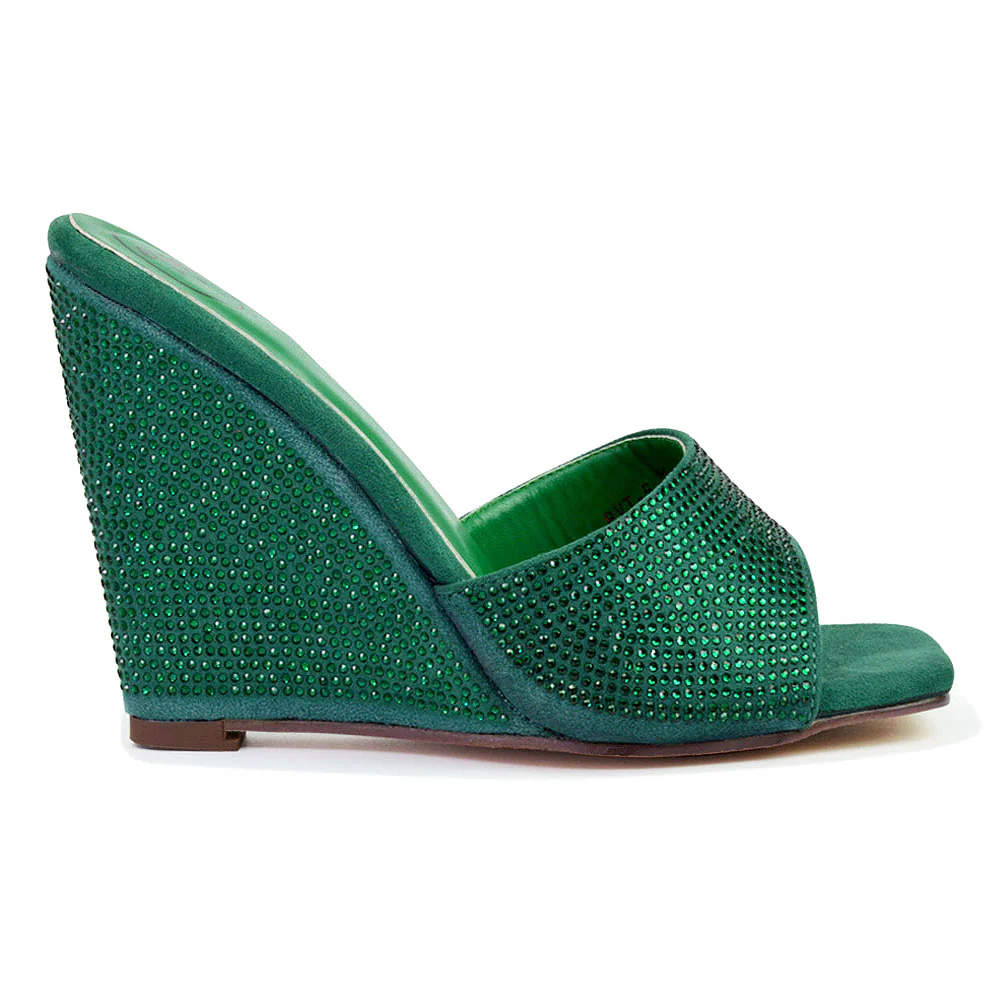 Peggie Diamante Faux Suede Square Toe Wedge Heel Sandal Mules in Green - Image 38