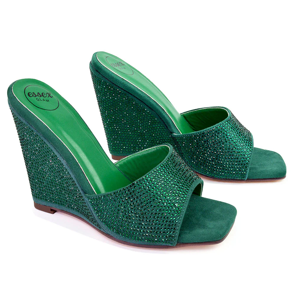 Peggie Diamante Faux Suede Square Toe Wedge Heel Sandal Mules in Green - Image 44