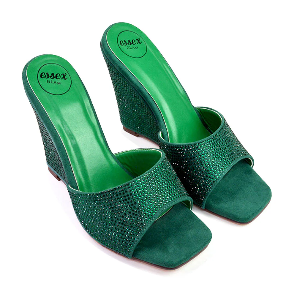 Peggie Diamante Faux Suede Square Toe Wedge Heel Sandal Mules in Green - Image 5