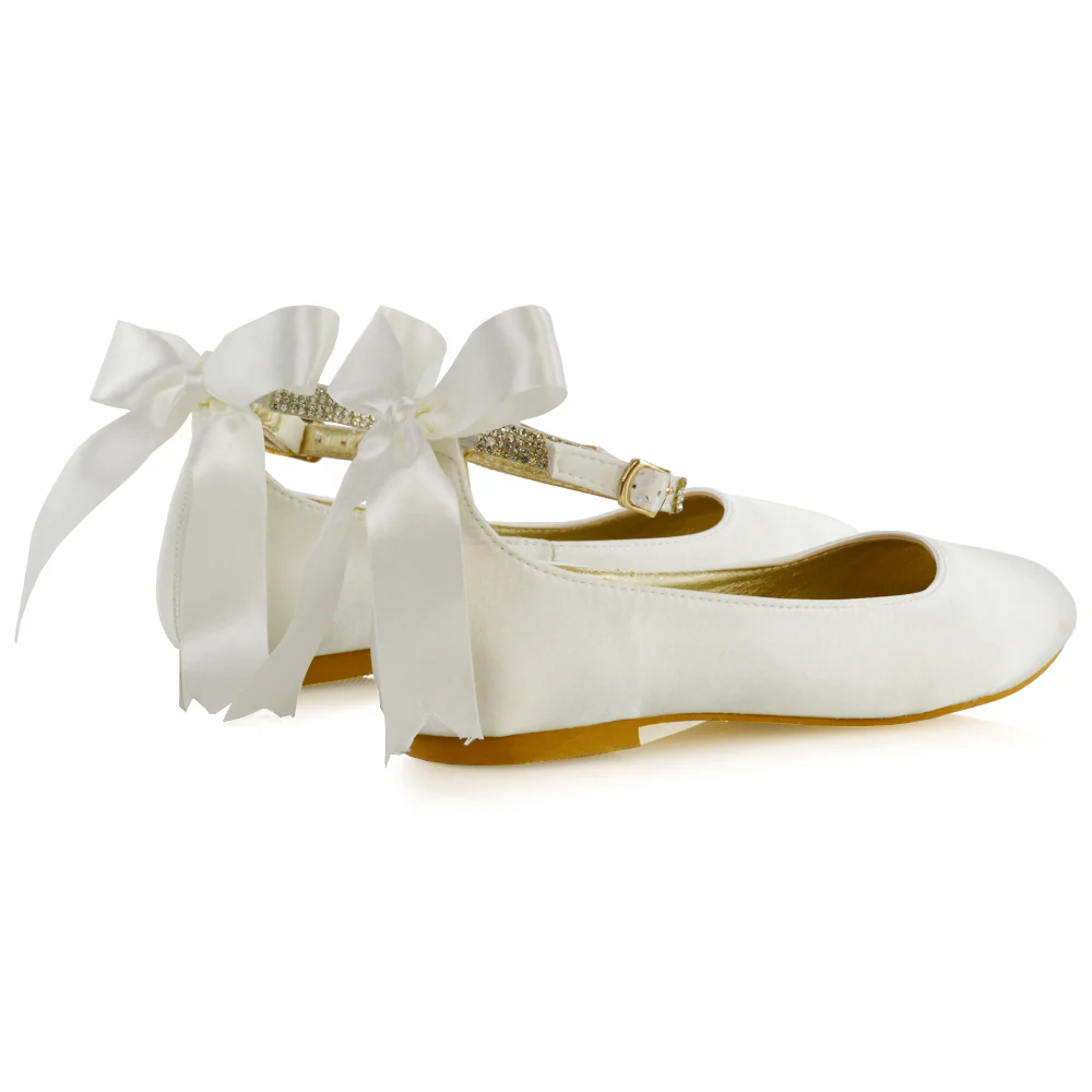 Penelope Bow Detail Diamante Strappy Bridal Wedding Flat Ballerina Bridal Shoes in Black Satin - Image 56