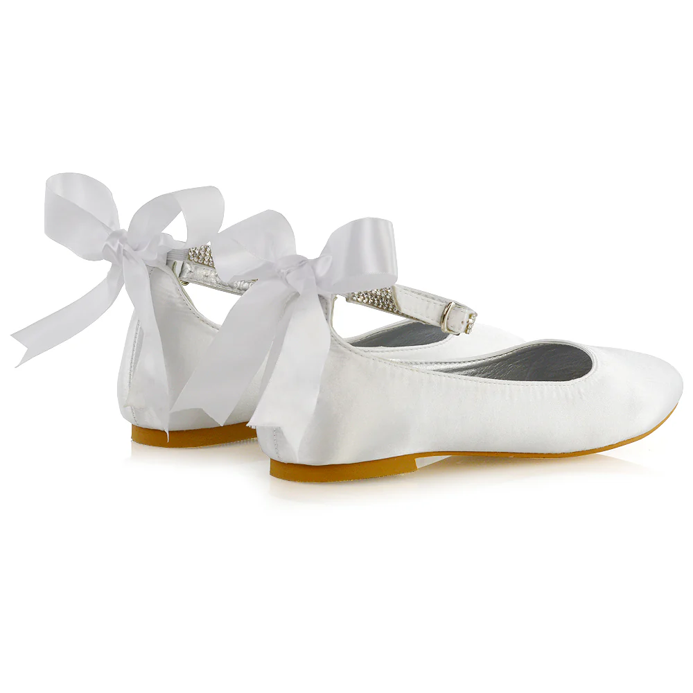 Penelope Bow Detail Diamante Strappy Bridal Wedding Flat Ballerina Bridal Shoes in Ivory Satin - Image 32