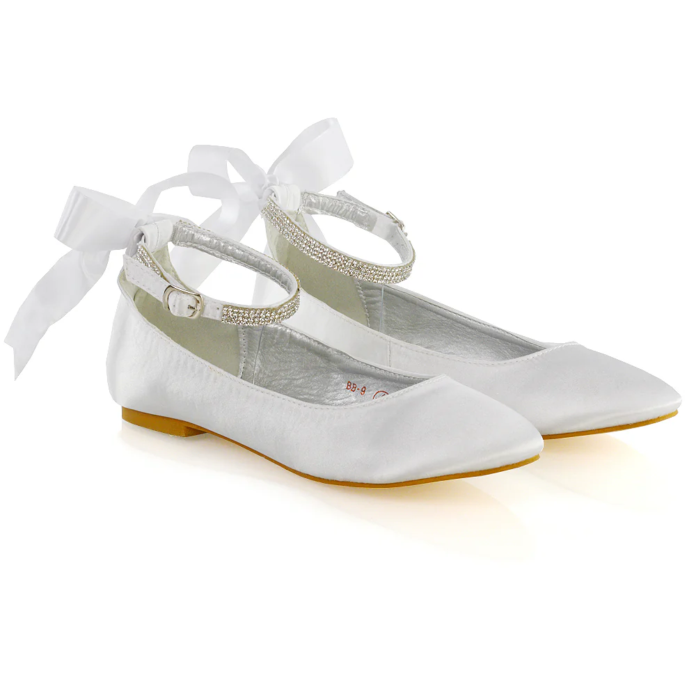 Penelope Bow Detail Diamante Strappy Bridal Wedding Flat Ballerina Bridal Shoes in Ivory Satin - Image 5