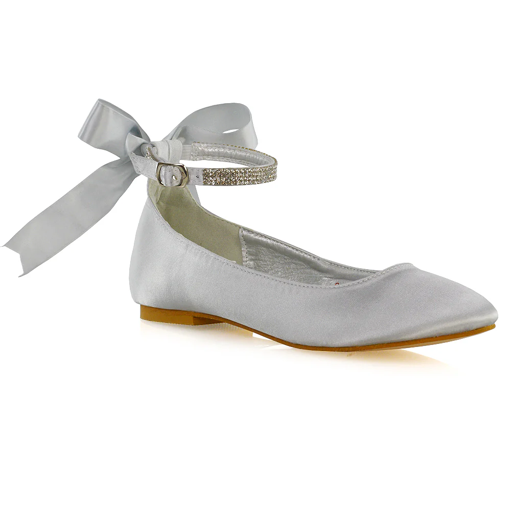 Penelope Bow Detail Diamante Strappy Bridal Wedding Flat Ballerina Bridal Shoes in Ivory Satin - Image 63
