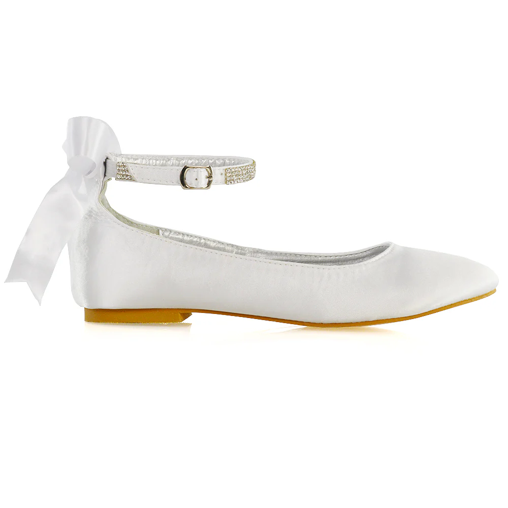 Penelope Bow Detail Diamante Strappy Bridal Wedding Flat Ballerina Bridal Shoes in Silver Satin - Image 18