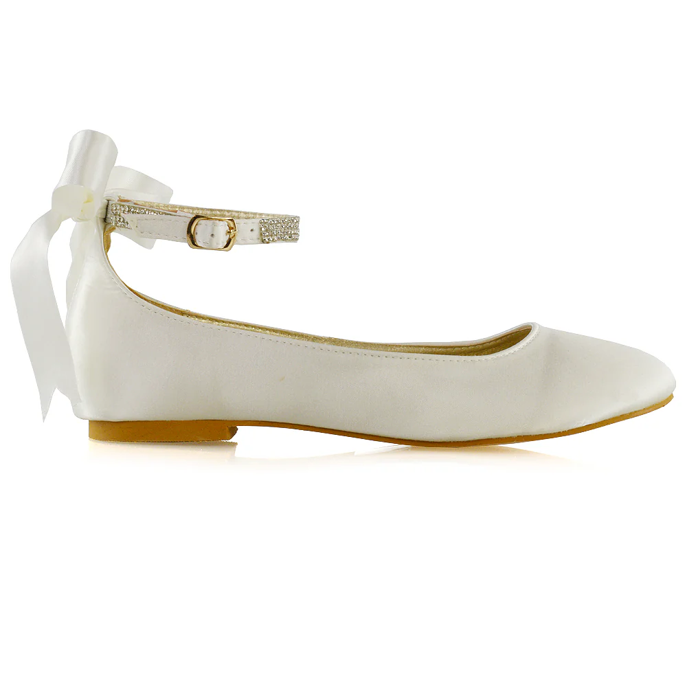 Penelope Bow Detail Diamante Strappy Bridal Wedding Flat Ballerina Bridal Shoes in Silver Satin - Image 38