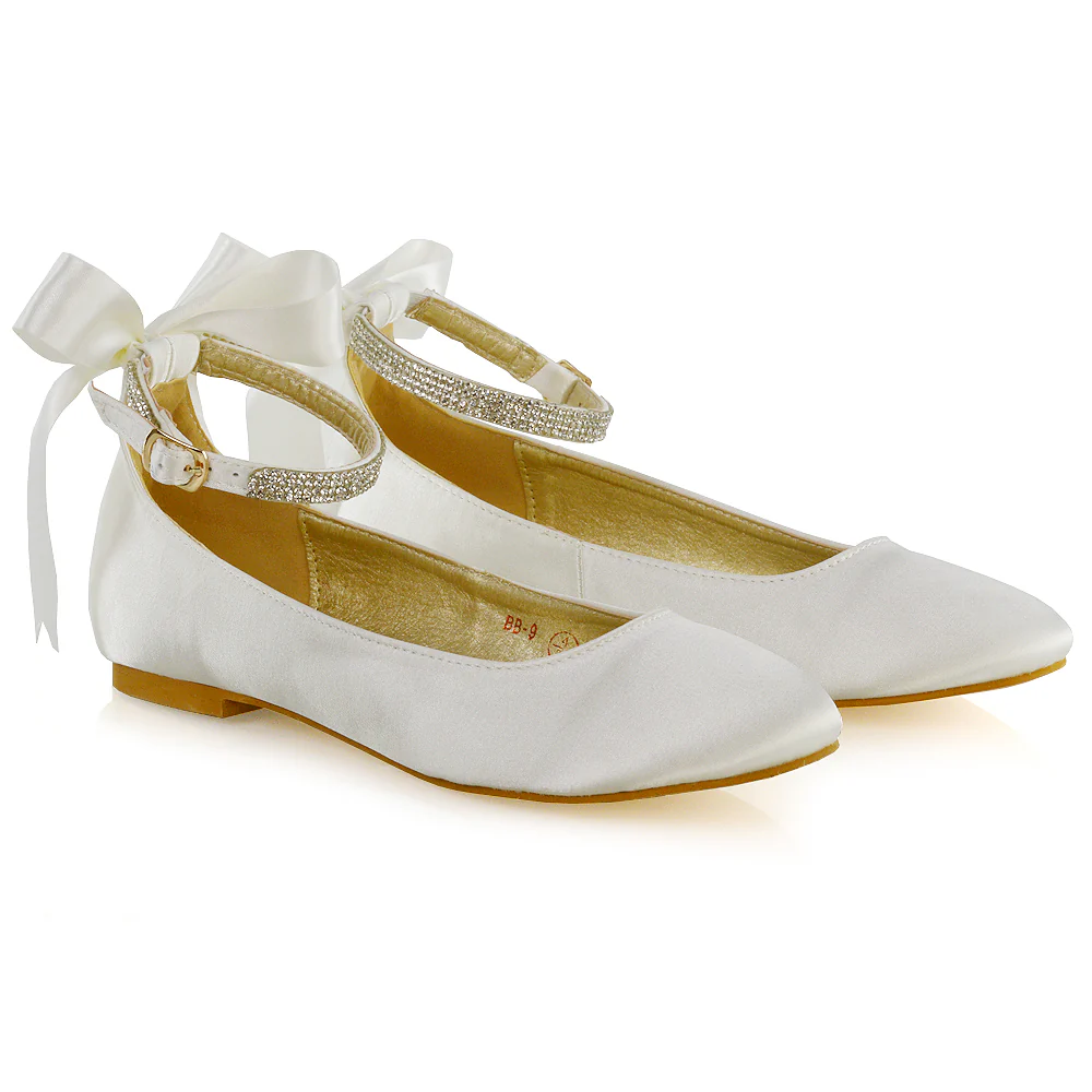 Penelope Bow Detail Diamante Strappy Bridal Wedding Flat Ballerina Bridal Shoes in Silver Satin - Image 45