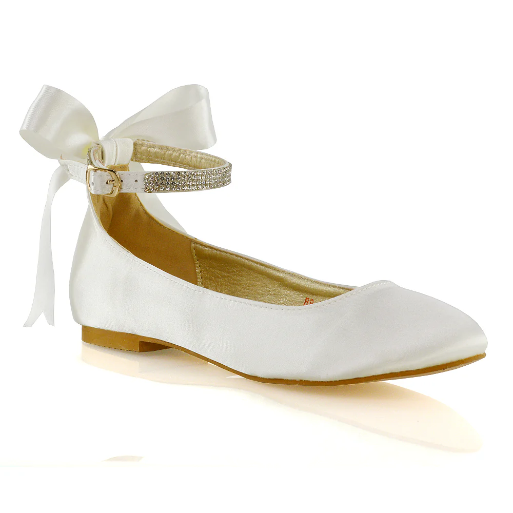 Penelope Bow Detail Diamante Strappy Bridal Wedding Flat Ballerina Bridal Shoes in Silver Satin - Image 55