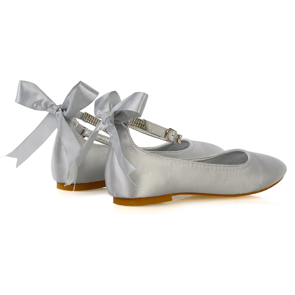 Penelope Bow Detail Diamante Strappy Bridal Wedding Flat Ballerina Bridal Shoes in Silver Satin - Image 64