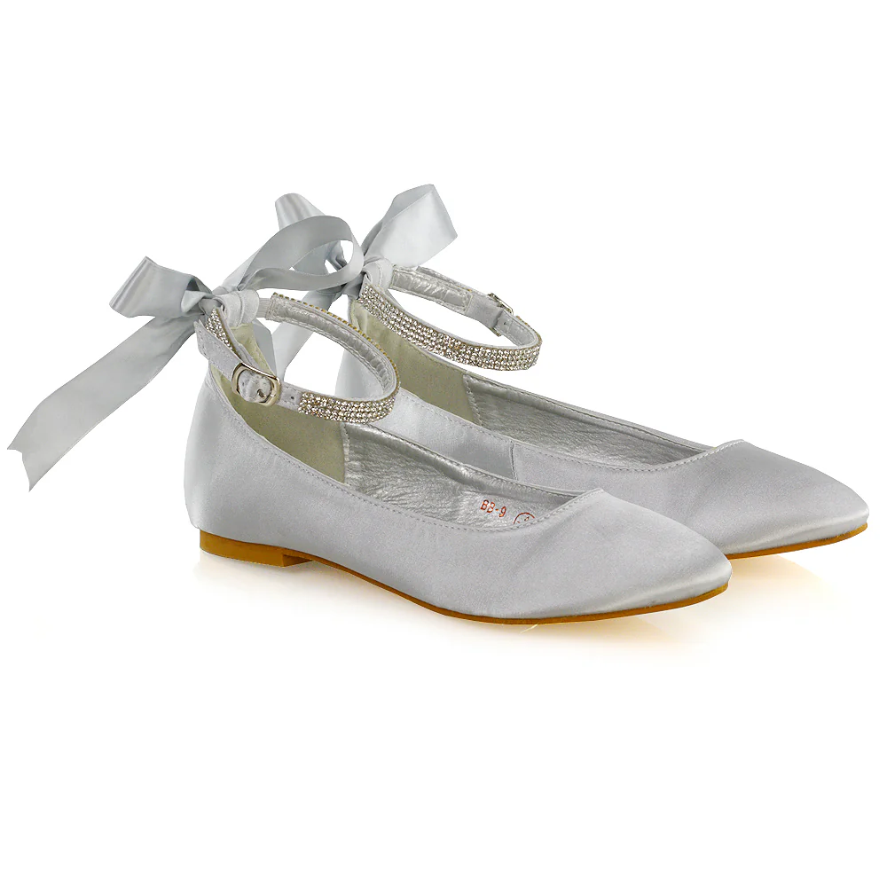 Penelope Bow Detail Diamante Strappy Bridal Wedding Flat Ballerina Bridal Shoes in Silver Satin - Image 65