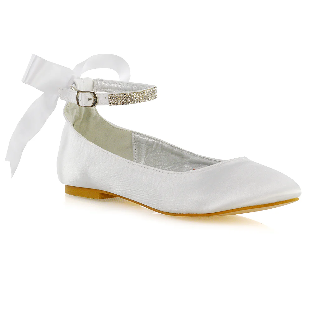 Penelope Bow Detail Diamante Strappy Bridal Wedding Flat Ballerina Bridal Shoes in Silver Satin - Image 7