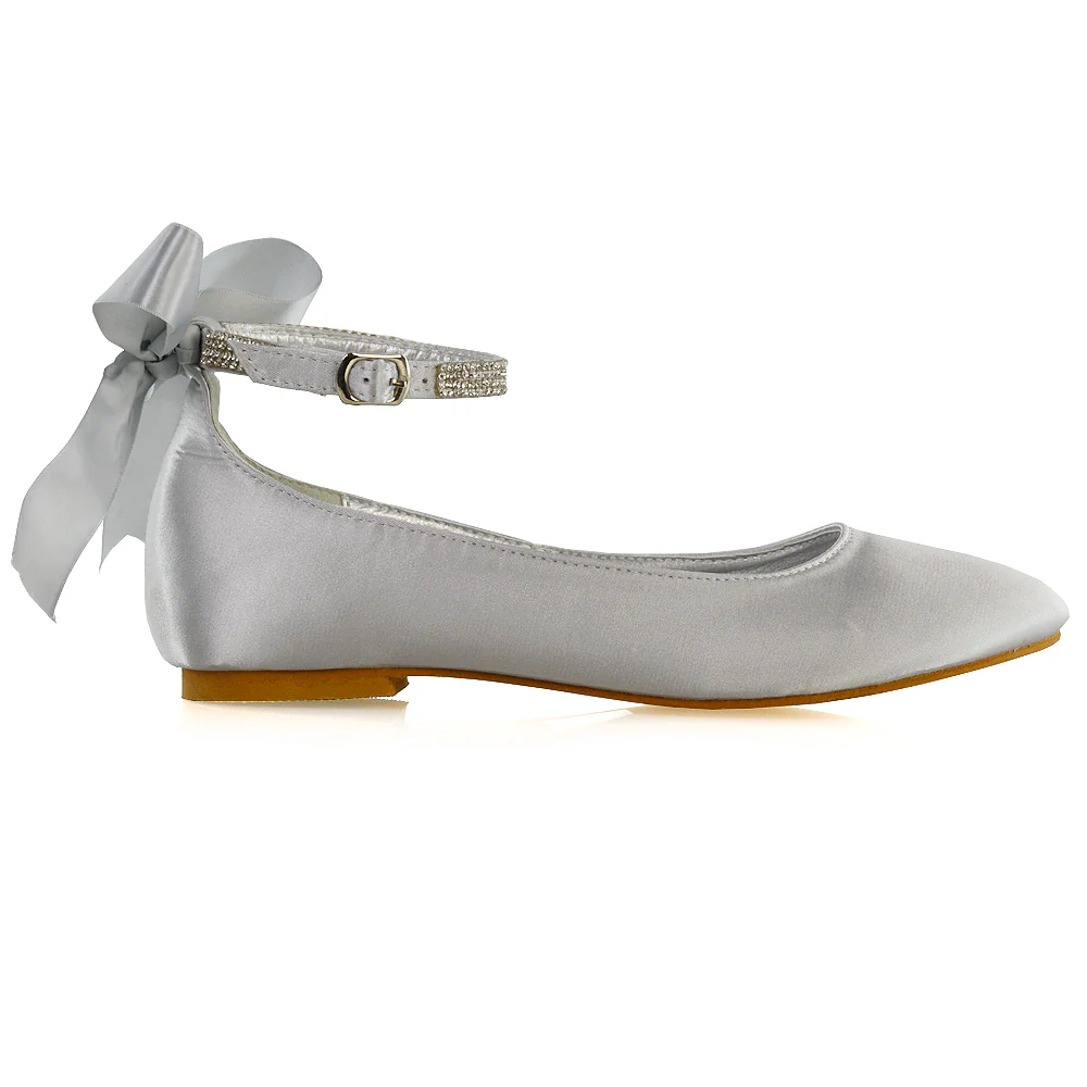 Penelope Bow Detail Diamante Strappy Bridal Wedding Flat Ballerina Bridal Shoes in Silver Satin - Image 82