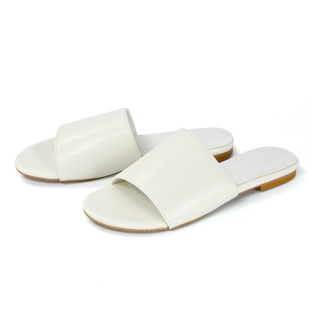 Peony Flat Strappy Slip on Slider Summer Sandals in Black Synthetic Leather - Image 11