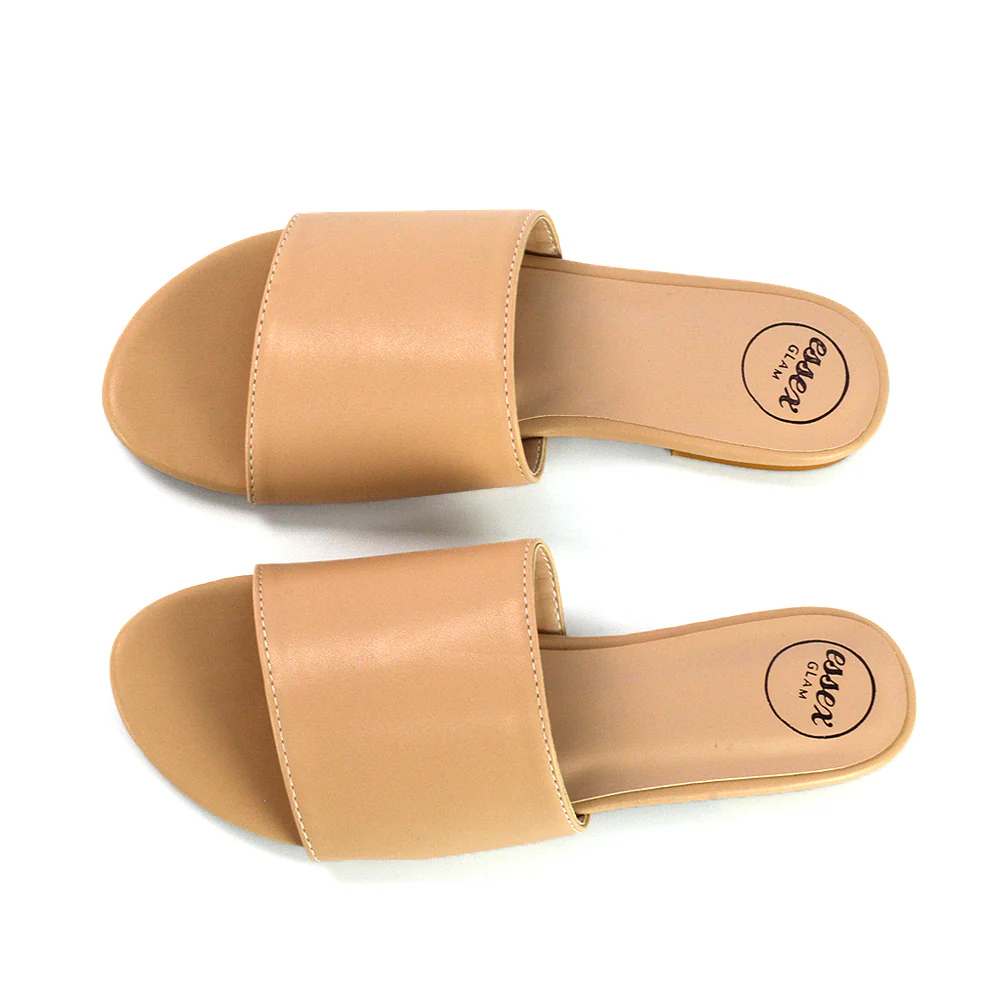 Peony Flat Strappy Slip on Slider Summer Sandals in Black Synthetic Leather - Image 21