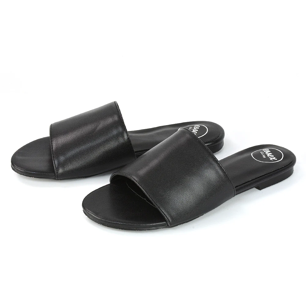 Peony Flat Strappy Slip on Slider Summer Sandals in Black Synthetic Leather - Image 26