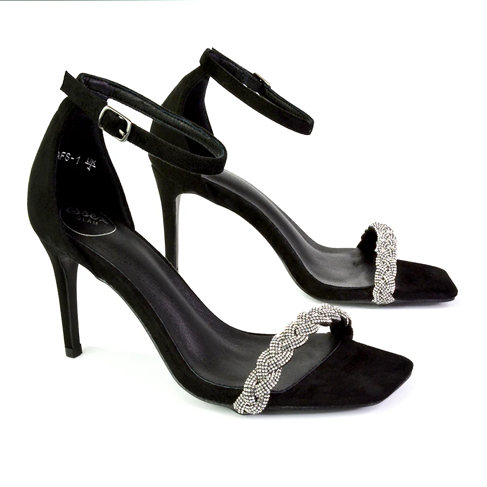 Peyton Diamante Strappy Party Square Toe Mid High Heel Stiletto Sandals in Gold - Image 185