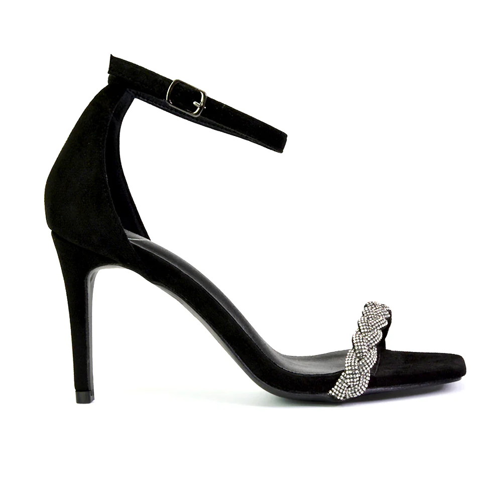 Peyton Diamante Strappy Party Square Toe Mid High Heel Stiletto Sandals in Green - Image 186