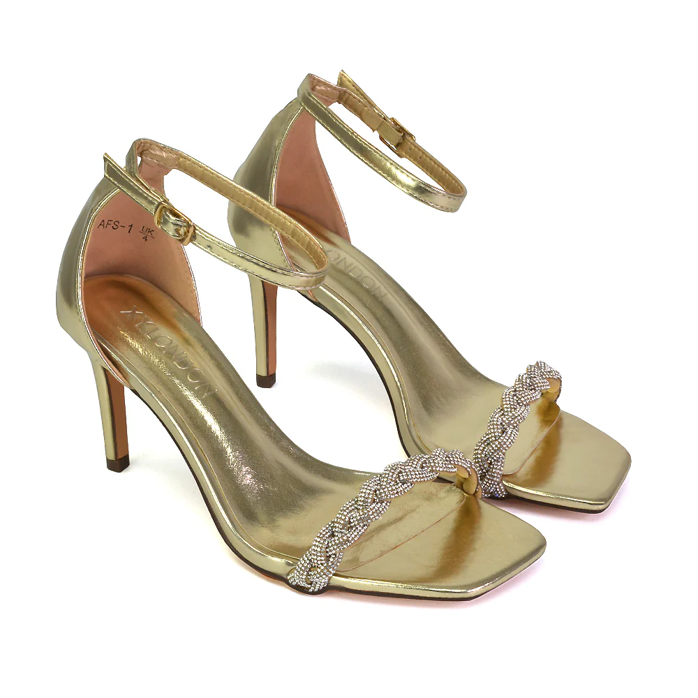 Peyton Diamante Strappy Party Square Toe Mid High Heel Stiletto Sandals in Silver - Image 150
