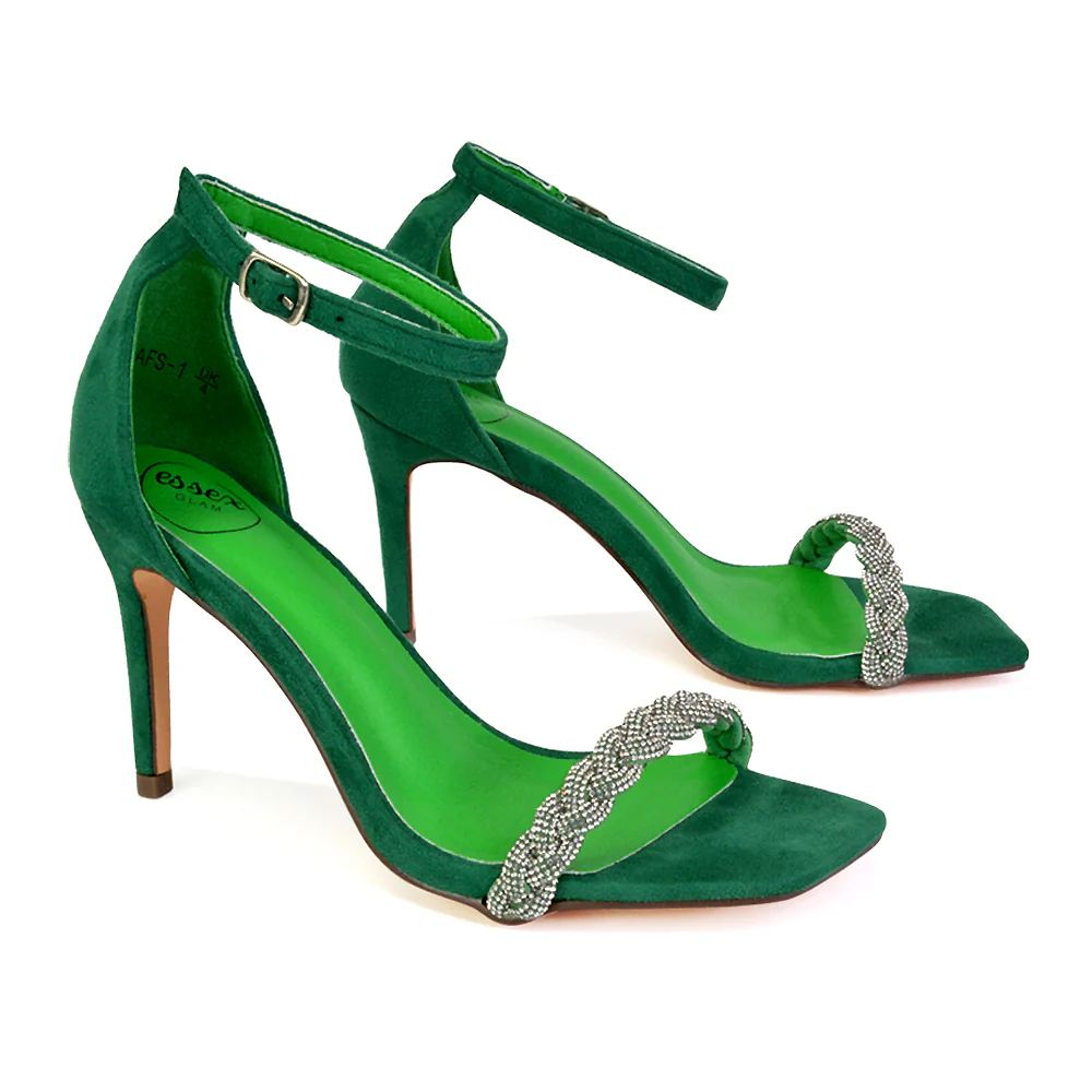 Peyton Diamante Strappy Party Square Toe Mid High Heel Stiletto Sandals in Silver - Image 25