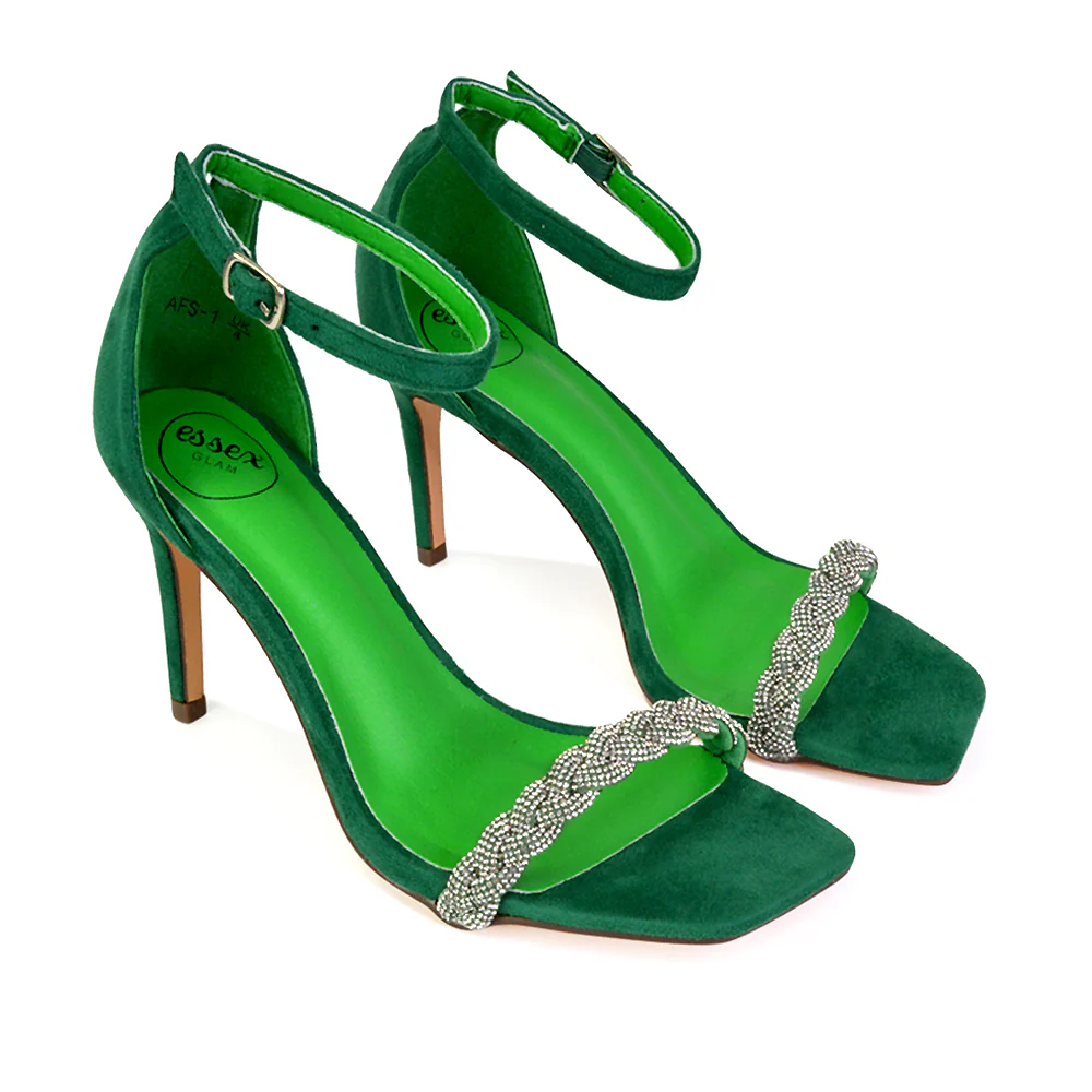 Peyton Diamante Strappy Party Square Toe Mid High Heel Stiletto Sandals in Silver - Image 27