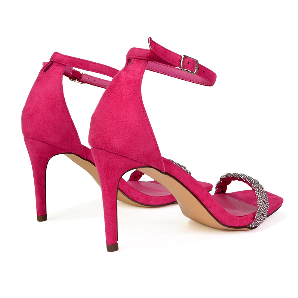 Peyton Diamante Strappy Party Square Toe Mid High Heel Stiletto Sandals in Silver - Image 57