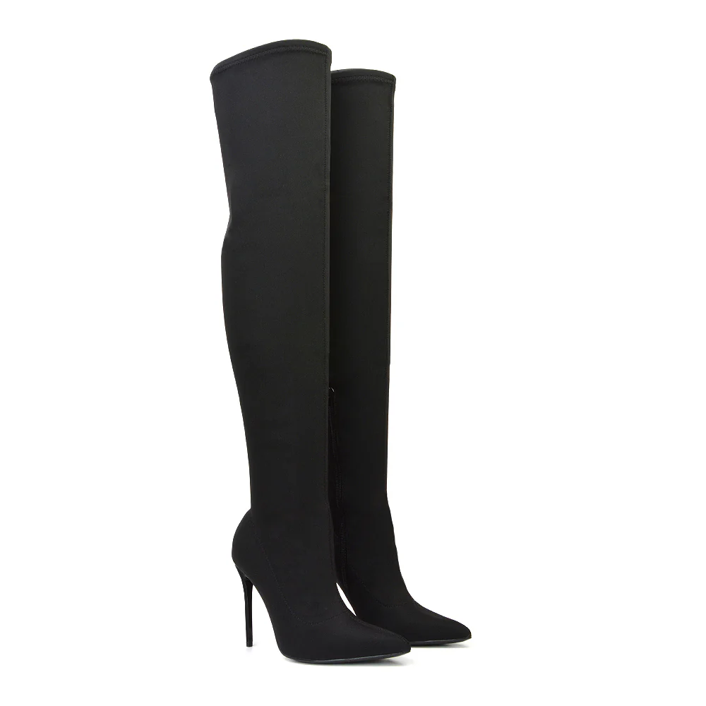 Piper Over The Knee Thigh High Stiletto Pointed Toe Heeled Boots in Black Lycra - Image 5
